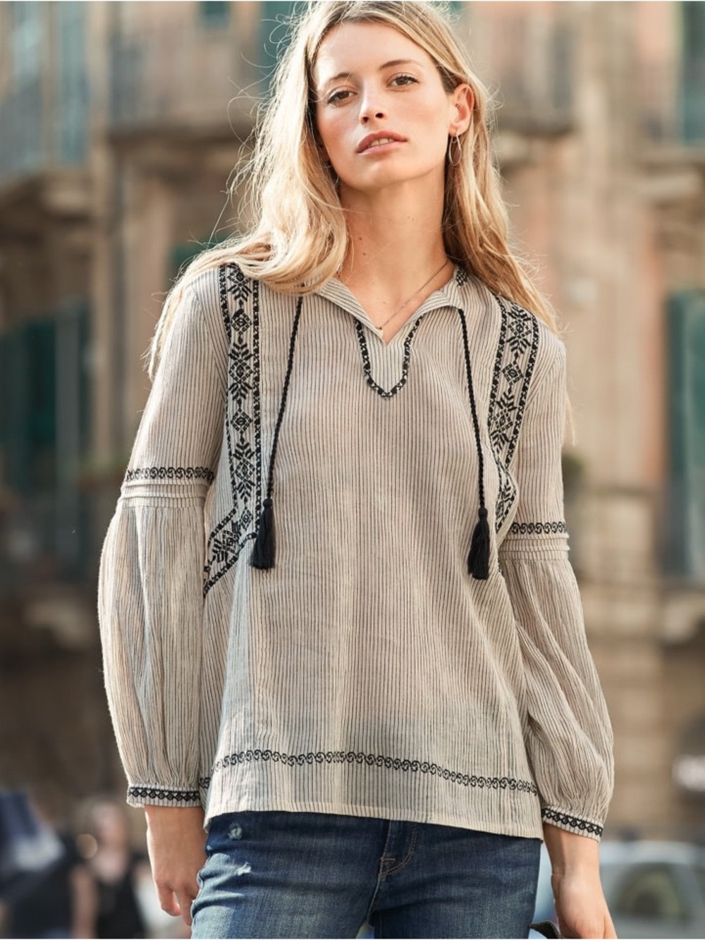 Garnet Hill Cotton Rusty Coral Embroidery Pleated Striped Tassel Peasant Top 18 - Picture 12 of 12